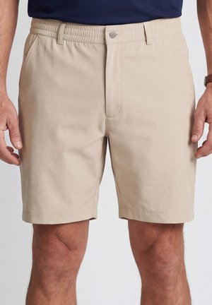Beige heren casual shorts met elastische tailleband, knoopsluiting, voorzakken, gedragen door een persoon die staat met de handen ontspannen langs de zij.