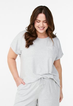 Gray striped short-sleeve top with a round neckline and a breast pocket, paired with matching gray drawstring shorts. Soft fabric texture.