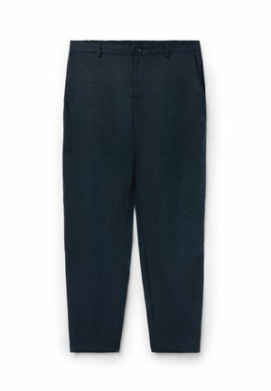 Herren dunkelblaue, maßgeschneiderte Hose mit Gürtelschlaufen, Frontknopf, Seitentaschen und geradem Bein auf weißem Hintergrund.