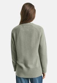 Maglione verde a maglia con scollo rotondo, orlo a coste e maniche raglan. Tessuto morbido con vestibilità comoda, vista posteriore.