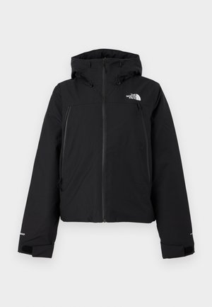 Veste noire isolante avec capuche, dotée d'une fermeture éclair à l'avant et de deux poches latérales. Comprend un logo sur la poitrine gauche et des poignets élastiques.