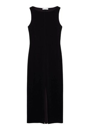 Abito nero senza maniche con taglio dritto, presenta uno spacco frontale e una cucitura posteriore sottile, realizzato in un tessuto morbido con una consistenza liscia.