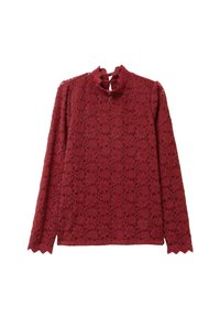 Burgunder Spitzenoberteil mit langen Ärmeln, hohem Halsauschnitt, gewelltem Saum und einer Schlüsselaugen-Rückendetail, das ein aufwändiges Blumenmuster aufweist.