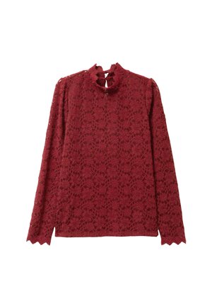 Haut en dentelle bourgogne à manches longues, col montant, ourlet en dentelle, avec un détail en trou de serrure au dos, présentant un motif floral délicat.