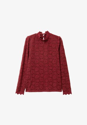 Burgunder Spitzenoberteil mit langen Ärmeln, hohem Halsauschnitt, gewelltem Saum und einer Schlüsselaugen-Rückendetail, das ein aufwändiges Blumenmuster aufweist.