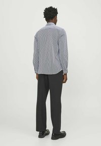 Camicia a righe blu e bianche con colletto a bottoni, abbinata a pantaloni neri a gamba larga e scarpe nere. Vista posteriore.