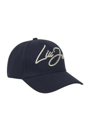 Cappellino da baseball blu navy con visiera curva e scritta ricamata in corsivo bianco "Liu Jo" sul davanti.