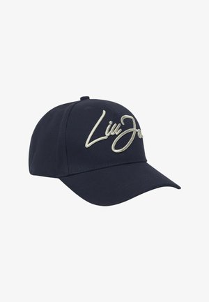 Gorra de béisbol azul marino con visera curva y texto bordado en cursiva blanca "Liu Jo" en la parte delantera.