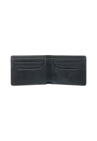 Black leather wallet with multiple card slots, textured finish, and embossed logo. Slim design, open showing interior card sections.