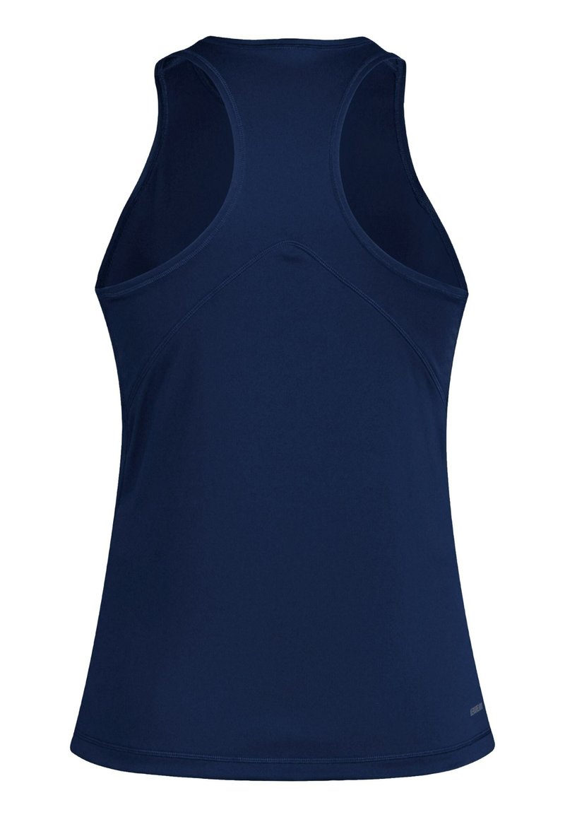 Dunkelblaues ärmelloses Sport-Tanktop mit Racerback-Design und minimaler Nahtgestaltung.