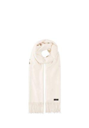 Cream-colored scarf with fringed ends and subtle butterfly embroidery, folded in a loop with a small rectangular brand label near the fringe.