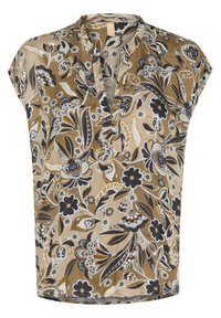 Blusa marrone a stampa floreale con maniche corte, scollatura a V e motivi intricati in nero, bianco e accenti arancioni. Tessuto in misto cotone.