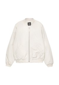 Light beige bomber jacket with a zip closure, ribbed cuffs, and two front pockets. Smooth, slightly shiny fabric with a relaxed fit.