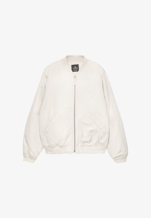Light beige bomber jacket with a zip closure, ribbed cuffs, and two front pockets. Smooth, slightly shiny fabric with a relaxed fit.