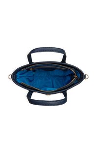 Navy leather handbag with two handles. Interior lined with bright blue fabric. Features a central zip pocket and gold-tone zippers.