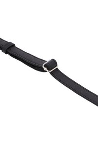 A black leather strap with a smooth texture, featuring a silver metal buckle and a stitched finish along the edges.