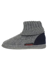 Gray wool slipper with a ribbed knit upper. Features a dark blue accent panel, gray rubber sole, and a red brand label on the side.