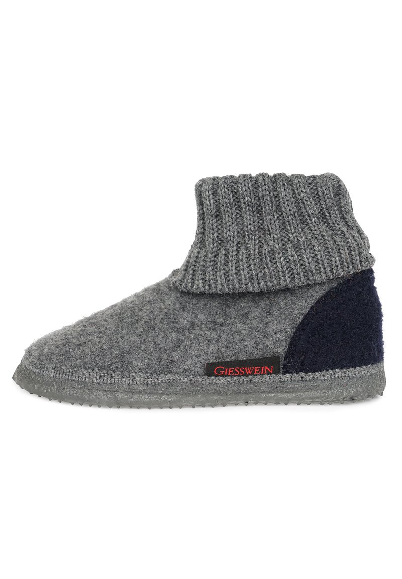 Gray wool slipper with a ribbed knit upper. Features a dark blue accent panel, gray rubber sole, and a red brand label on the side.