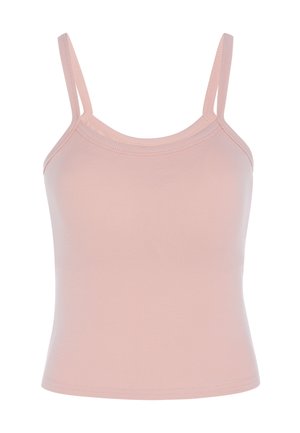Lichtroze geribde cropped top met dunne dubbele schouderbandjes en een ronde halslijn op een witte achtergrond.