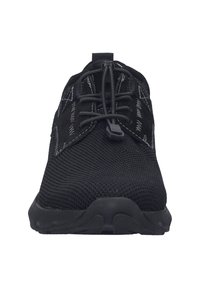 Black athletic shoes with a textured mesh upper, contrasting stitching, and a rubber sole. Features a lace-up design and padded collar.