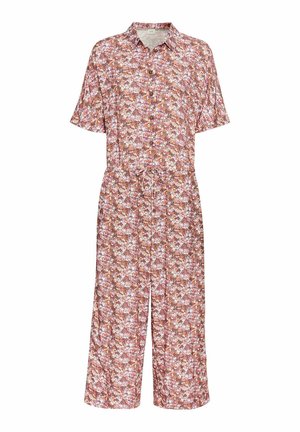 Bloemrijke jumpsuit in tinten roze, paars en oranje met een kraag, korte mouwen, een knoopsluiting en een strikriem in de taille.