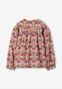 Long-sleeve blouse in pink cotton with floral pattern. Features ruffled collar and cuffs. Flared silhouette with gathered design.