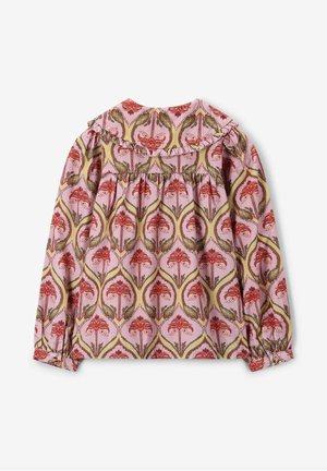 Blouse à manches longues en coton rose avec un motif floral. Présente un col et des poignets volantés. Silhouette évasée avec un design froncé.