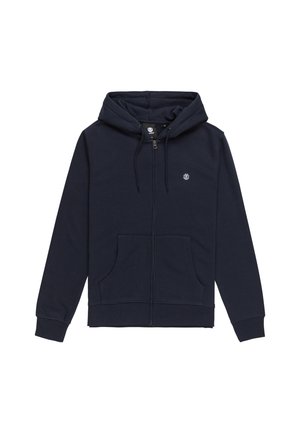 Navy blue zip-up hoodie made of cotton blend, featuring a drawstring hood, two front pockets, and a small logo on the chest.
