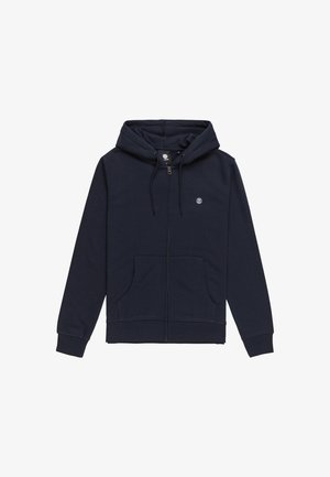 Marineblauwe rits hoodie van een katoenmix, met een capuchon met trekkoord, twee voorzakken en een klein logo op de borst.