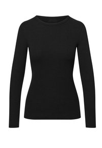 Czarny długi rękaw top wykonany z prążkowanej tkaniny. Ma okrągły dekolt, prosty krój z długimi rękawami oraz gładką fakturę.