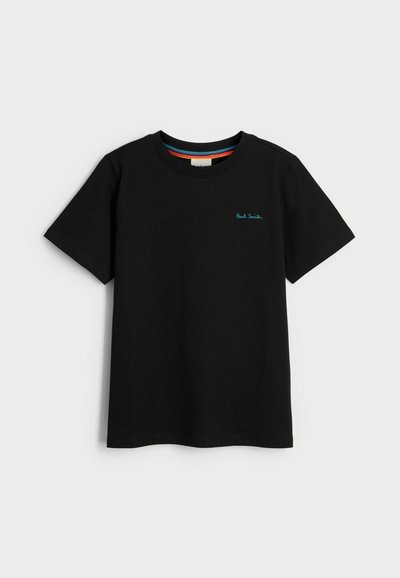 Czarna bawełniana koszulka z krótkim rękawem, z turkusowym logo "Paul Smith" na piersi i wielokolorowym wykończeniem dekoltu.