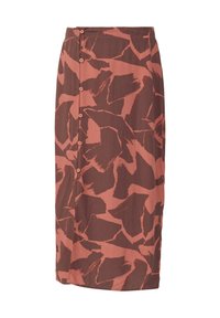 Midi-jurk in bruin met abstracte roestachtige patronen, met een rechte snit, knoopdetails aan de voorkant en een zachte stoftextuur.
