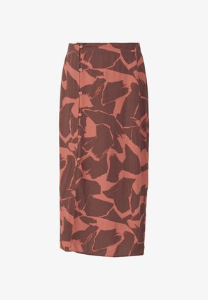 Midi-Rock in Braun mit abstraktem rötlichen Muster, mit geradem Schnitt, Knopfdetails an der Vorderseite und weichem Stoffgefühl.
