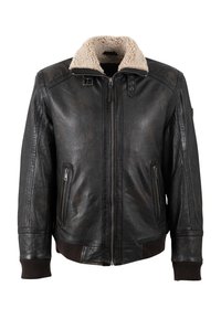 Chaqueta de cuero negra con un collar de falso borreguito beige, cierre de cremallera frontal, dos bolsillos laterales con cremallera y puños y dobladillo acanalados.