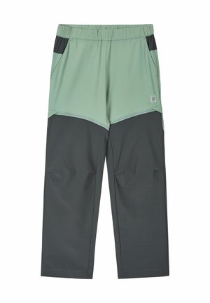 Spodnie z blokiem kolorów w jasnej zieleni i ciemnej szarości, z elastycznym pasem i bocznymi kieszeniami, zaprojektowane do użytku na zewnątrz lub do aktywności fizycznej.