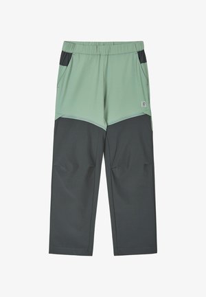 Spodnie z blokiem kolorów w jasnej zieleni i ciemnej szarości, z elastycznym pasem i bocznymi kieszeniami, zaprojektowane do użytku na zewnątrz lub do aktywności fizycznej.