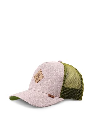 Baseball cap with light pink front panel and green mesh back, featuring a brown diamond-shaped logo patch and a small brand tag on the brim.