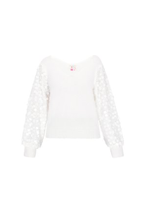 Maglione bianco con scollo a V, corpo lavorato a maglia e maniche lunghe, caratterizzato da un tessuto trasparente a motivo con ritagli circolari. Texture morbida.