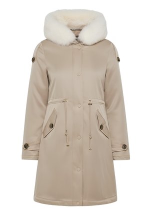 Cappotto impermeabile beige con cappuccio in pelliccia sintetica. Presenta chiusure a scatto, due tasche frontali e stringhe regolabili in vita.
