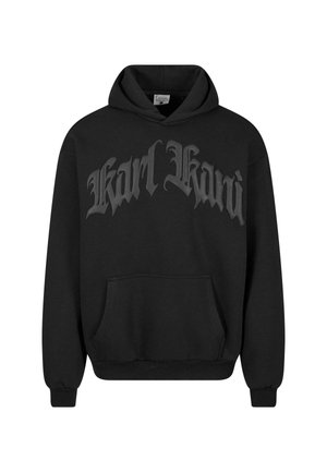 Čierna mikina s kapucňou vyrobená z bavlnenej zmesi, s predným vreckom a štýlizovaným logom "Karl Kani" v jemne tmavo šedej farbe.