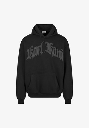 Svart huva sweatshirt i bomullsmaterial med ficka fram och en stiliserad "Karl Kani"-logotyp i en diskret mörkgrå färg.