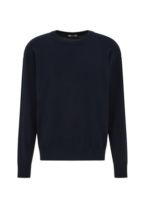 Marineblauwe trui van zachte stof, met een ronde hals, lange mouwen en geribbelde manchetten en zoom. Eenvoudig, klassiek ontwerp.