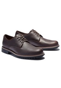 Chaussures de ville en cuir marron avec une texture lisse, bout arrondi et lacets. Elles possèdent une semelle en caoutchouc durable avec un léger motif de semelle.
