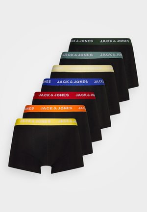Boxer-briefs noirs avec des tailles élastiques de différentes couleurs : rouge, bleu, jaune, orange, vert et vert foncé, arborant le logo 'JACK & JONES'.