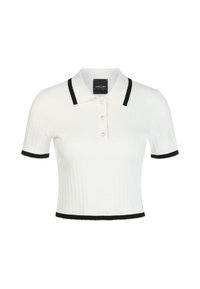 Weißes geripptes Poloshirt mit kurzen Ärmeln, schwarzem Kragen und Bündchen, ausgestattet mit drei Knöpfen und einem Saum mit einem dezenten schwarzen Abschluss.
