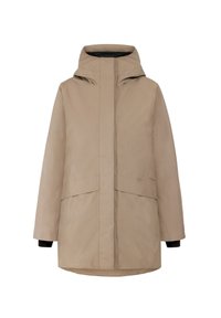 Beige wasserfester Parka mit hohem Kragen, Frontreißverschluss und zwei großen Taschen. Verfügt über elastische Bündchen und eine strukturierte Stoffoberfläche.