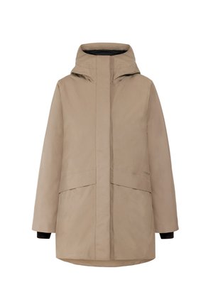 Beige waterdichte parka met een hoge kraag, een voorkeep, en twee grote zakken. Voorzien van elastische manchetten en een gestructureerde stofafwerking.