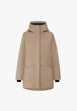 Beige wasserfester Parka mit hohem Kragen, Frontreißverschluss und zwei großen Taschen. Verfügt über elastische Bündchen und eine strukturierte Stoffoberfläche.
