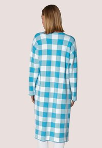 Lang gebreid jurkje met een blauw-wit ruitpatroon, met lange mouwen en een losse pasvorm, van achteren getoond.