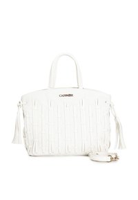 Valkoinen punottu nahkainen käsilaukku, jossa on kaksi yläkahvaa, irrotettava olkahihna ja tupsuja. Ominaisuuksina suora, jämäkkä muotoilu.